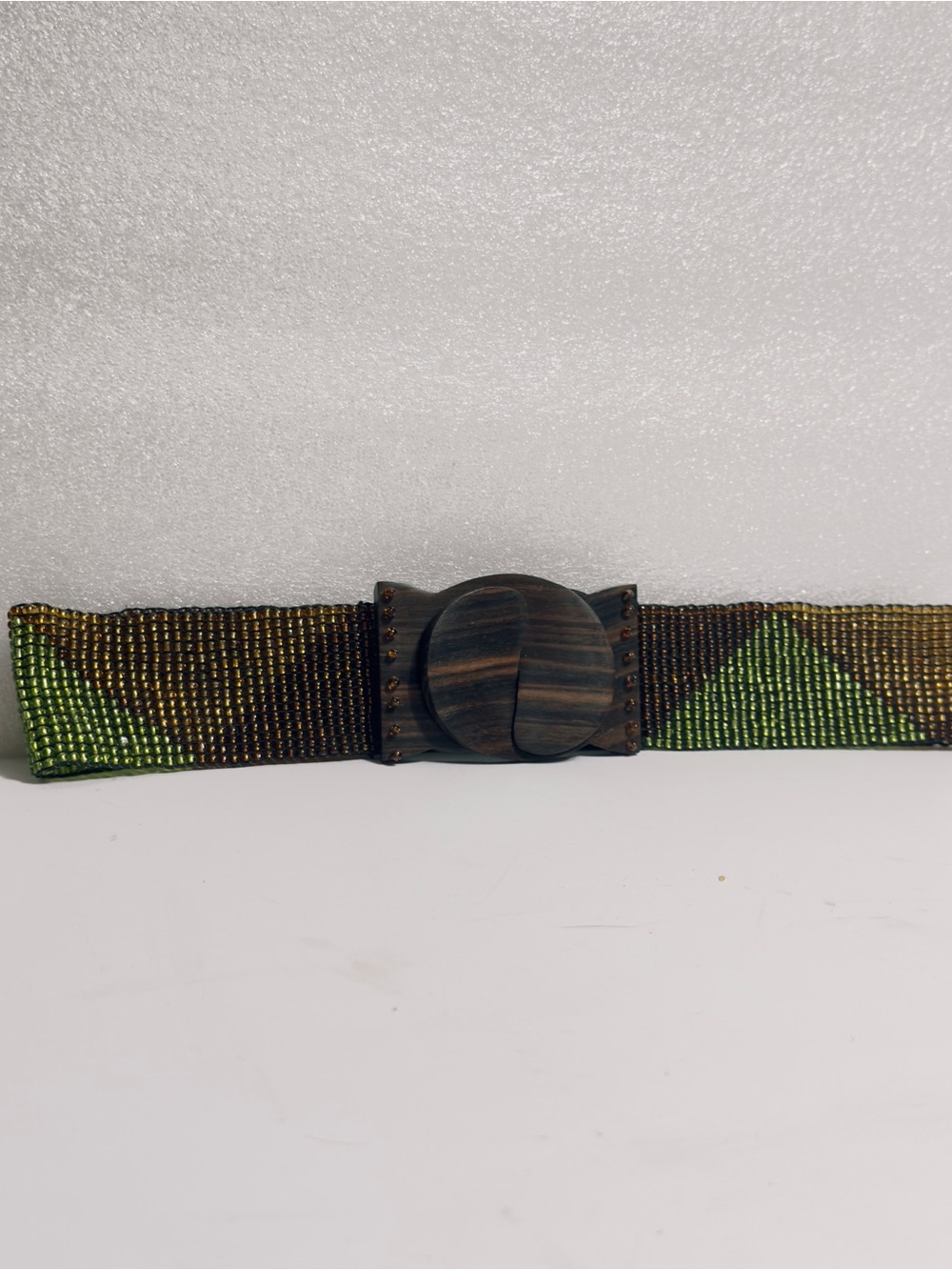 Beaded Multicolor Wide  Belt - Green, Brown, Gold Tones wood buckle